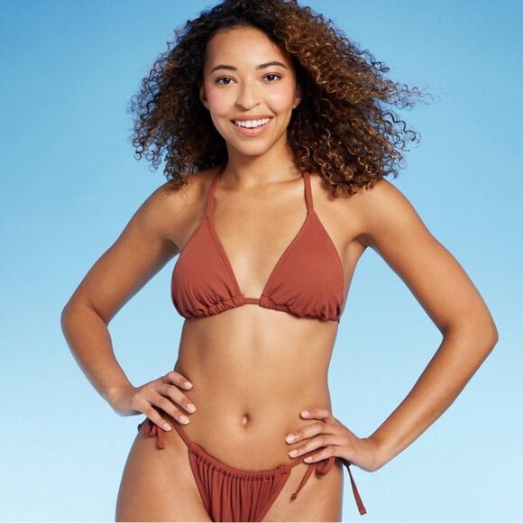 NWT Shade & Shore Small (4-6) Removable Pads Brown Bikini Triangle Ribbed Top - Picture 3 of 7